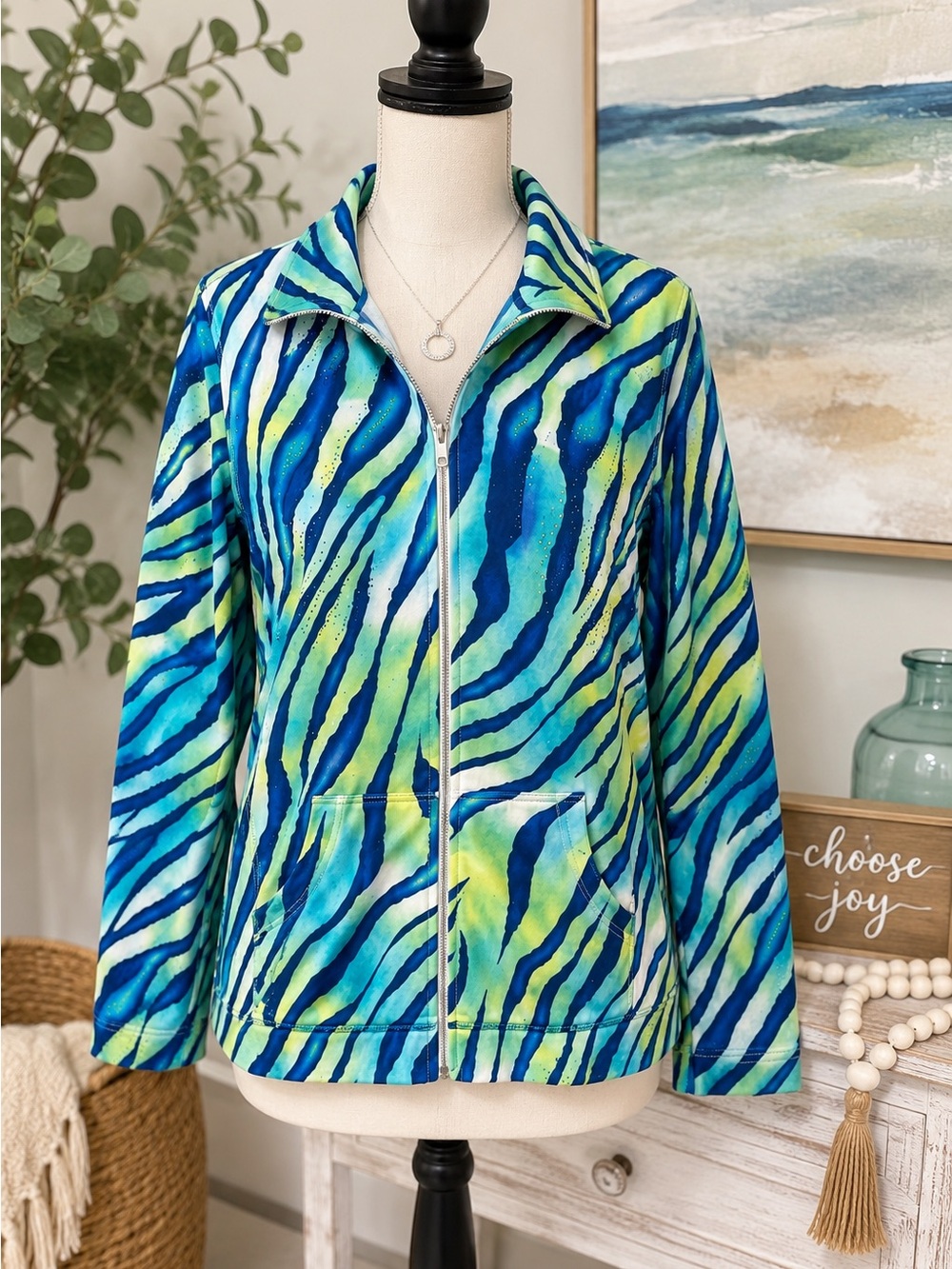 Chico’s Zenergy Blue Green Watercolor Rhinestone Zip Jacket Size M